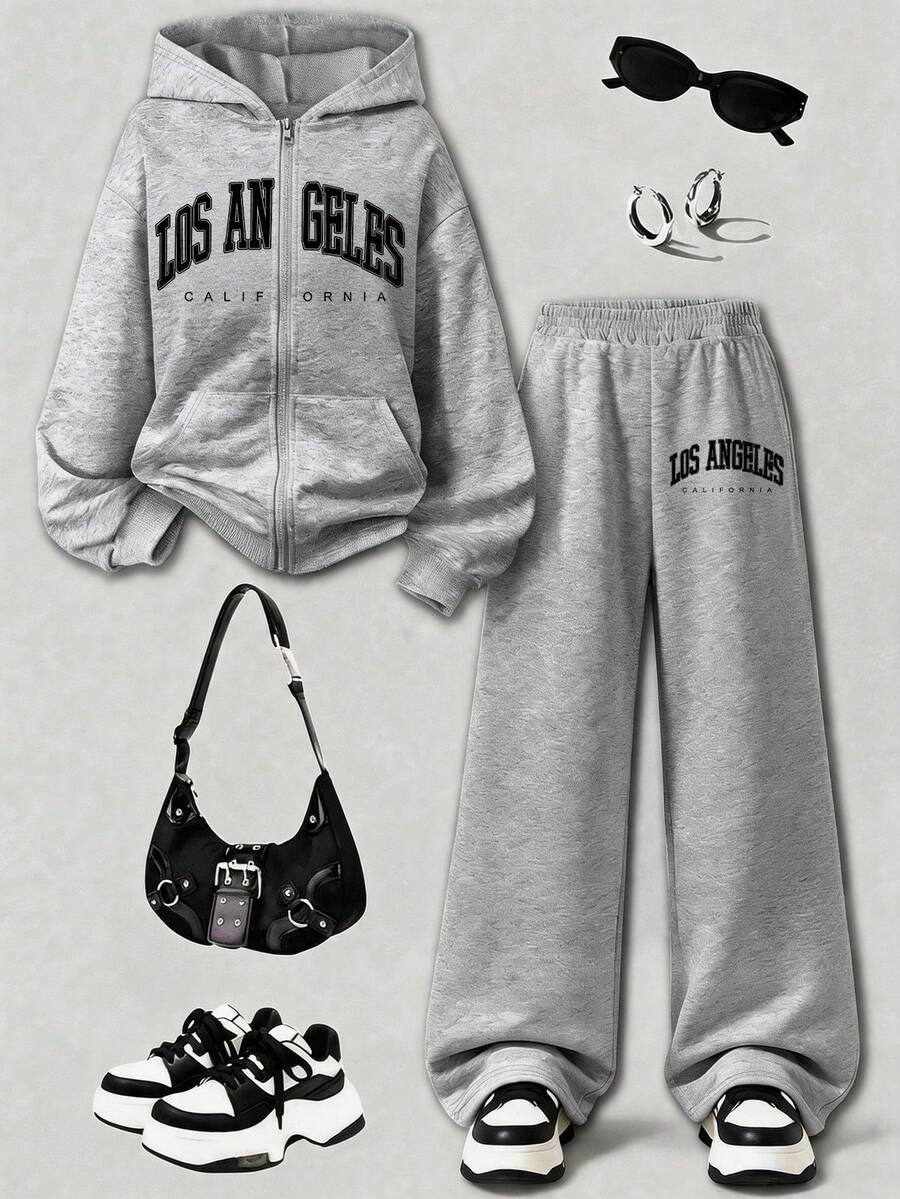 Unisex Teen Hoodie Zip-Up Sweatshirt + Casual Long Pants 2-Piece Set, Simple Graphic Print, Autumn/Winter Outfit, Comfortable Skin-Friendly Top - Grey - View 1