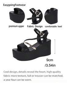 Women's Summer Solid Color Thick Sole Open Toe Woven Strap Single Buckle Height-Increasing Comfortable Versatile Elegant Wedge Sandals - Black - View 8