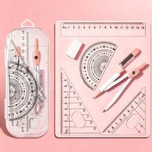 Transparent Case / 7-Piece Compass Set - Includes A Protractor And Straight Ruler For Precise Geometric Drafting, As Well As Set Squares And A Complete Stationery Kit.Multifunctional Exam And Study Stationery Bag. Back To School. - A - View 1