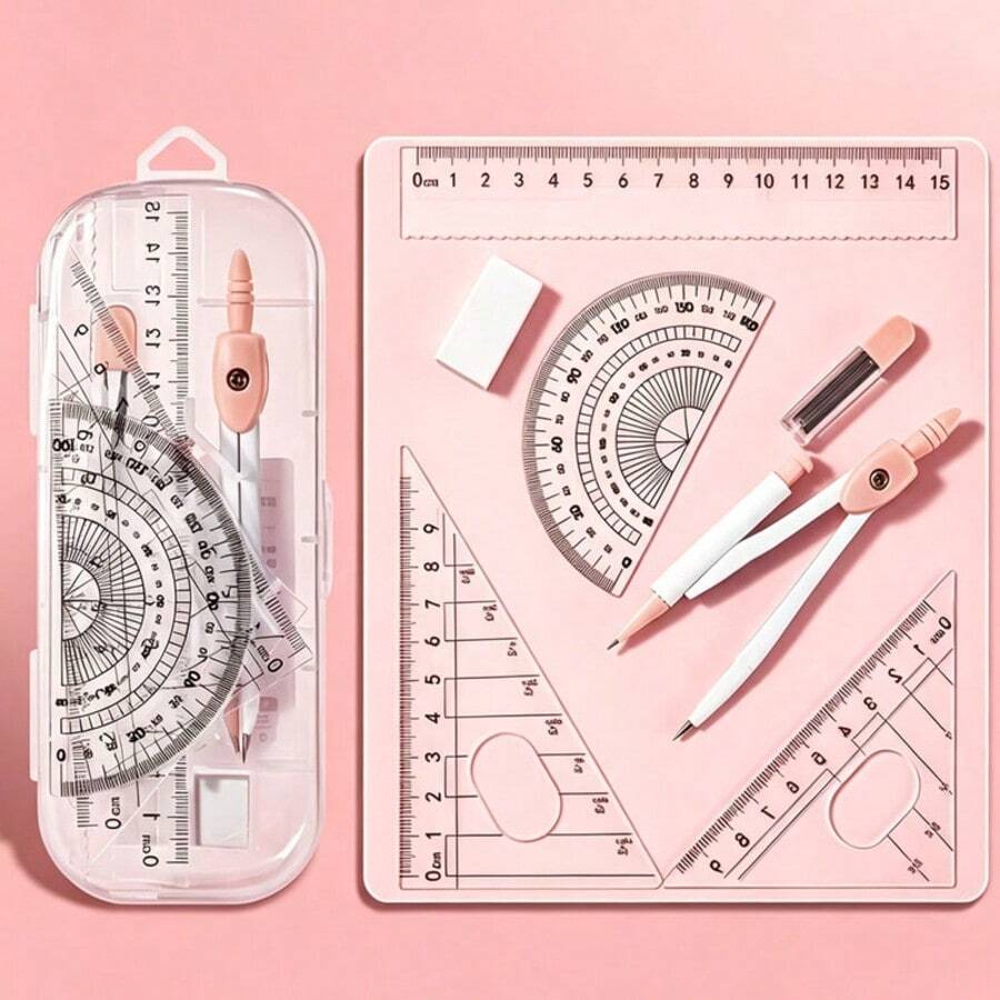 Transparent Case / 7-Piece Compass Set - Includes A Protractor And Straight Ruler For Precise Geometric Drafting, As Well As Set Squares And A Complete Stationery Kit.Multifunctional Exam And Study Stationery Bag. Back To School. - A - View 1