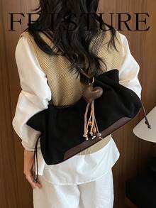 FEISTURE 1pc Suede Pleated Shoulder Bag, Fashion Contrast Color Large Capacity Shoulder Bag With Pendant, Suitable For Girls, Women, College Students, Office Newcomers And White-Collar Workers, Perfect For Work, Business, Commute, School - Black - View 8