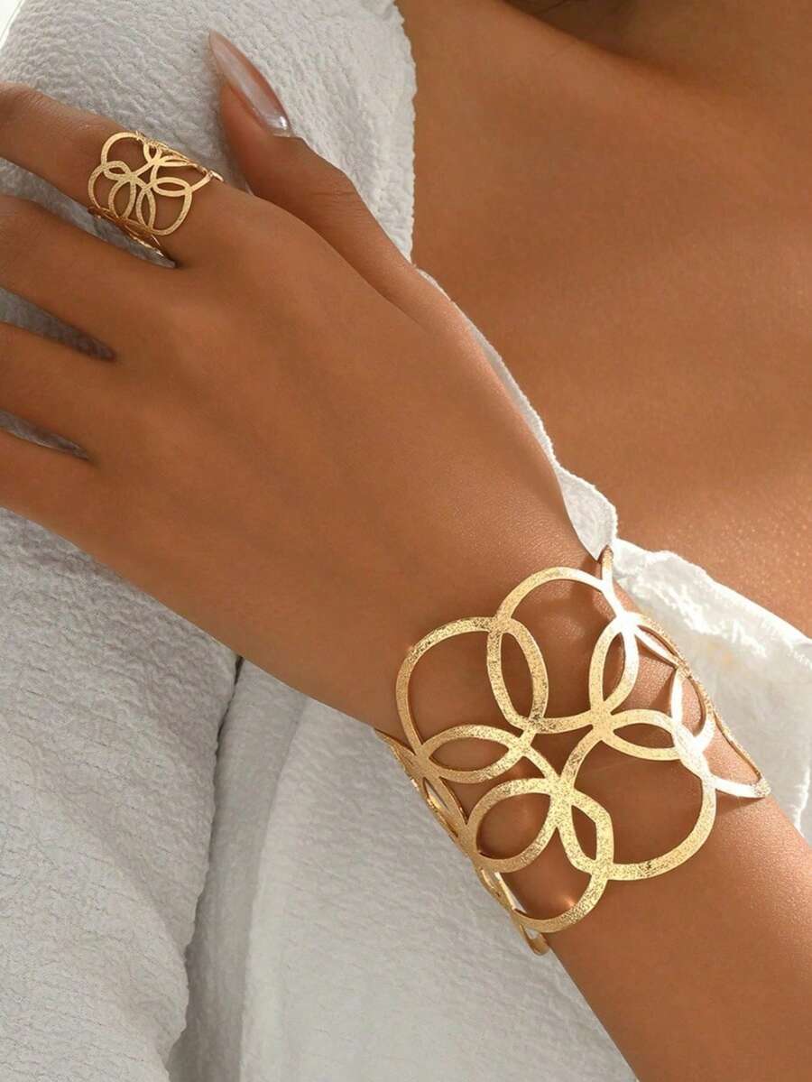 2pcs/Set Fashionable Exquisite Elegant Sexy Exaggerated Geometric Wrap Line Design Open Finger Ring Jewelry Set - Gold - View 1