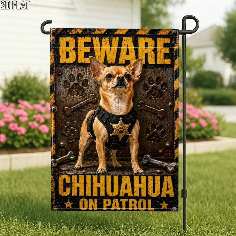 2D Flat 1pc Outdoor Garden Flag, Funny Chihuahua Patrol Team Black & Yellow Single-Sided Welcome Garden Flag, Porch Decor, Suitable For Garden Yard Decoration, Country Style Decoration, Christmas, Thanksgiving, Halloween, Single-Sided Printing, Flag Pole Not Included (Flag Only)