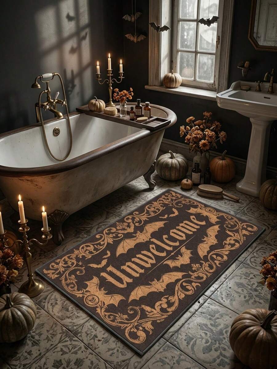 1PC Deep Brown Background Bronze Gold Bat Letter Pattern Entryway Door Mat, Dark Gothic Style Crystal Velvet Rectangular Luxurious Scrollwork Border Skull Detail Machine Washable Door Mat, Suitable For Halloween Party Entrance Garden Decor - Multicolor - View 1