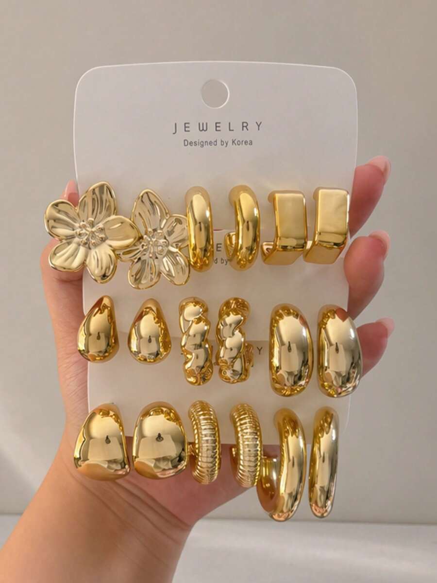 6-18pcs/Set Floral Geometric Square, Twisted, Water Drop Earrings Set, Women's Fashion Gold Earrings Set, Elegant Versatile, Suitable For Party, Travel, Gift, Engagement And Various Occasions - Yellow Gold - View 1
