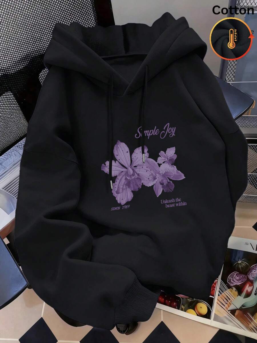 Warm Fleece-Lined Oversized Women's Sweatshirt, Casual Daily Wear, Long Sleeve Hoodie, Outerwear Top, Y2K, Men's, Cold Weather Clothing, Black - Black - View 1