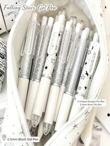 4pcs Star & Polka Dot Retractable Gel Pen Set, INS Style Silver White Ribbon Print Cute Black Ink Pens, 0.5mm Quick-Dry Smooth Writing Signing Pens, Cute Stationery For Students, Back To School Gift, Back To School Essential - Multicolor - View 4