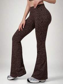 NcmRyu 女款豹紋無縫高腰喇叭瑜伽褲，健身跑步運動休閒居家運動緊身褲 - 棕色 - 查看 10