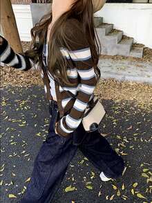 Women's Contrast Striped Knit Sweater, Autumn Fashion Elegant Slimming Short Cardigan (Random Stripes) - Brown - View 2