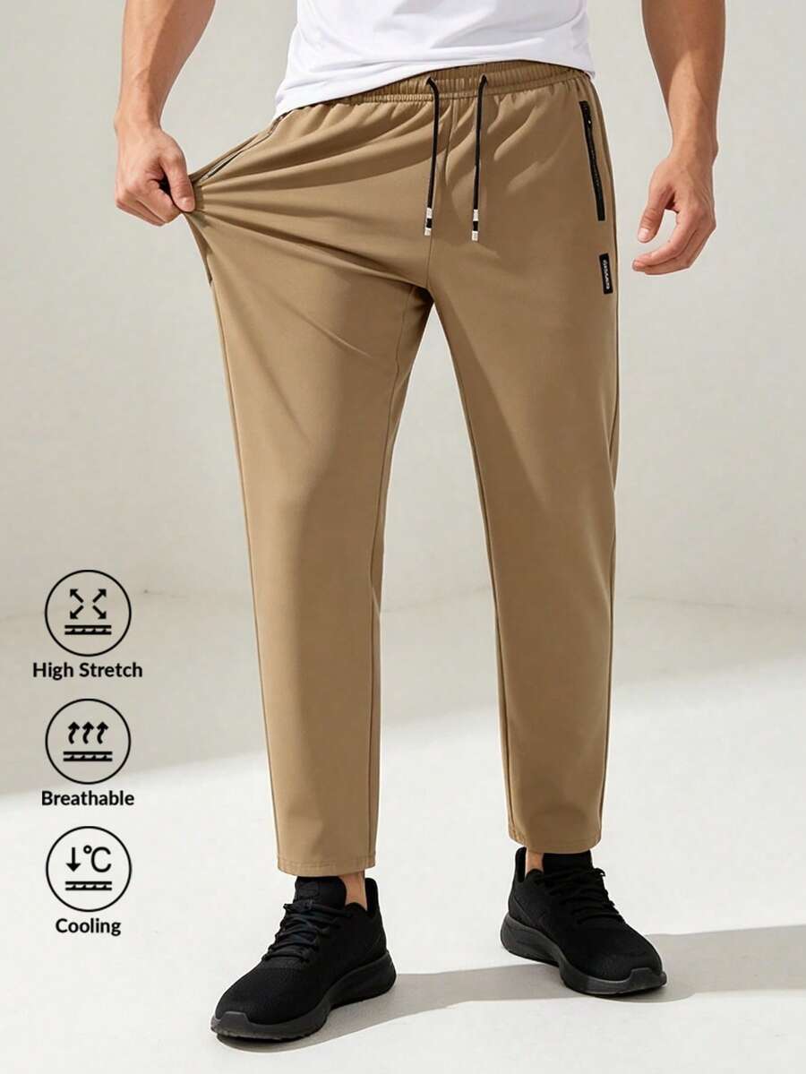 Men's Elastic Sports Pants, Lightweight Breathable Running Workout Trousers For Summer Fall - Khaki - View 1
