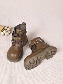 Girls' Sweet & Cool Black Boots With Lace Trim, Badge, Thick Sole, Anti-Slip And Side Zipper - Khaki - View 4