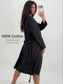 Women's Summer Robe, 100% Pure Cotton, Casual Loungewear, Loose Comfortable Morning Robe, With Pockets And Belt, Comfortable Set, Bathroom, Summer Autumn Winter Bathrobe - Black - View 1