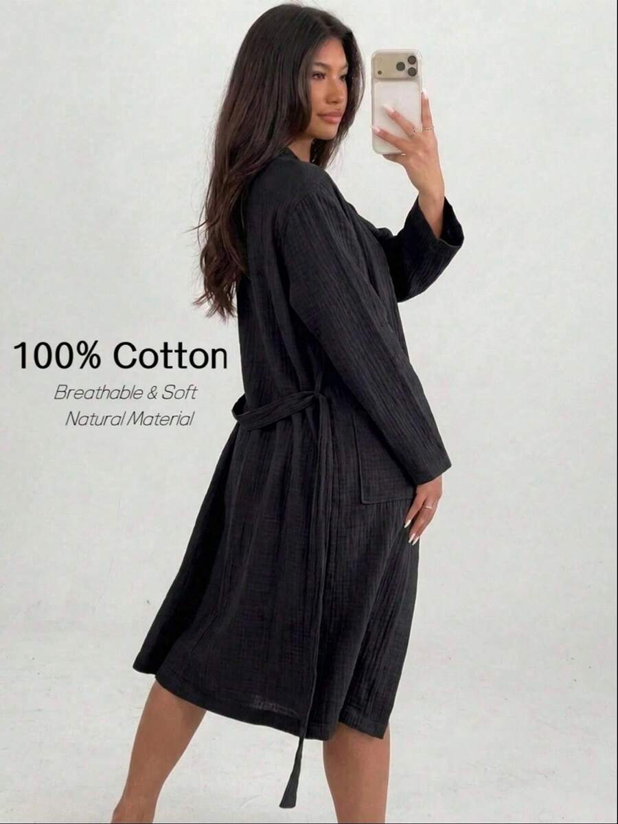 Women's Summer Robe, 100% Pure Cotton, Casual Loungewear, Loose Comfortable Morning Robe, With Pockets And Belt, Comfortable Set, Bathroom, Summer Autumn Winter Bathrobe - Black - View 1