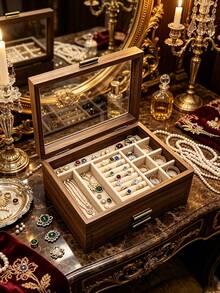 1pc Walnut Wood Multi-Layer Divided Jewelry Storage Box With Glass Visible Lid, Large Capacity Compartments, Luxury Vanity Home Use, Necklace Ring Earring Jewelry Dust-Proof Solid Wood Jewelry Box - Multicolor - View 1