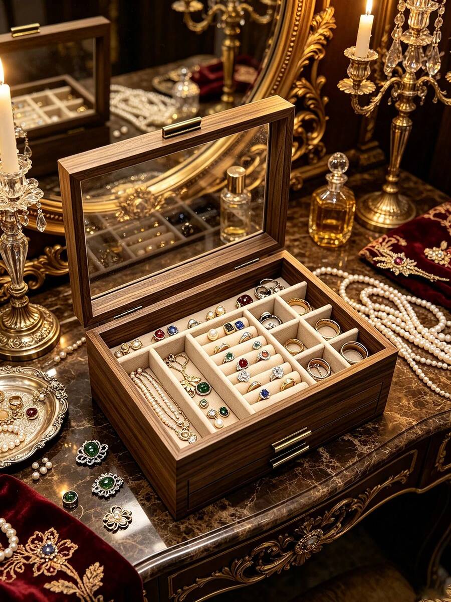 1pc Walnut Wood Multi-Layer Divided Jewelry Storage Box With Glass Visible Lid, Large Capacity Compartments, Luxury Vanity Home Use, Necklace Ring Earring Jewelry Dust-Proof Solid Wood Jewelry Box - Multicolor - View 1