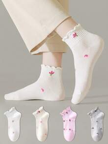 ZUJO 4 Pairs Women's Hollow Out Short Socks With Frill Trim, Floral Pattern, Non-Slip Comfortable Breathable, Suitable For Sports And Casual Wear - Multicolor - View 3