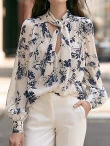 Women's Elegant Printed Tie Neck Blouse, Spring/Autumn Long Sleeve Lantern Sleeve Woven Top - Apricot - View 1
