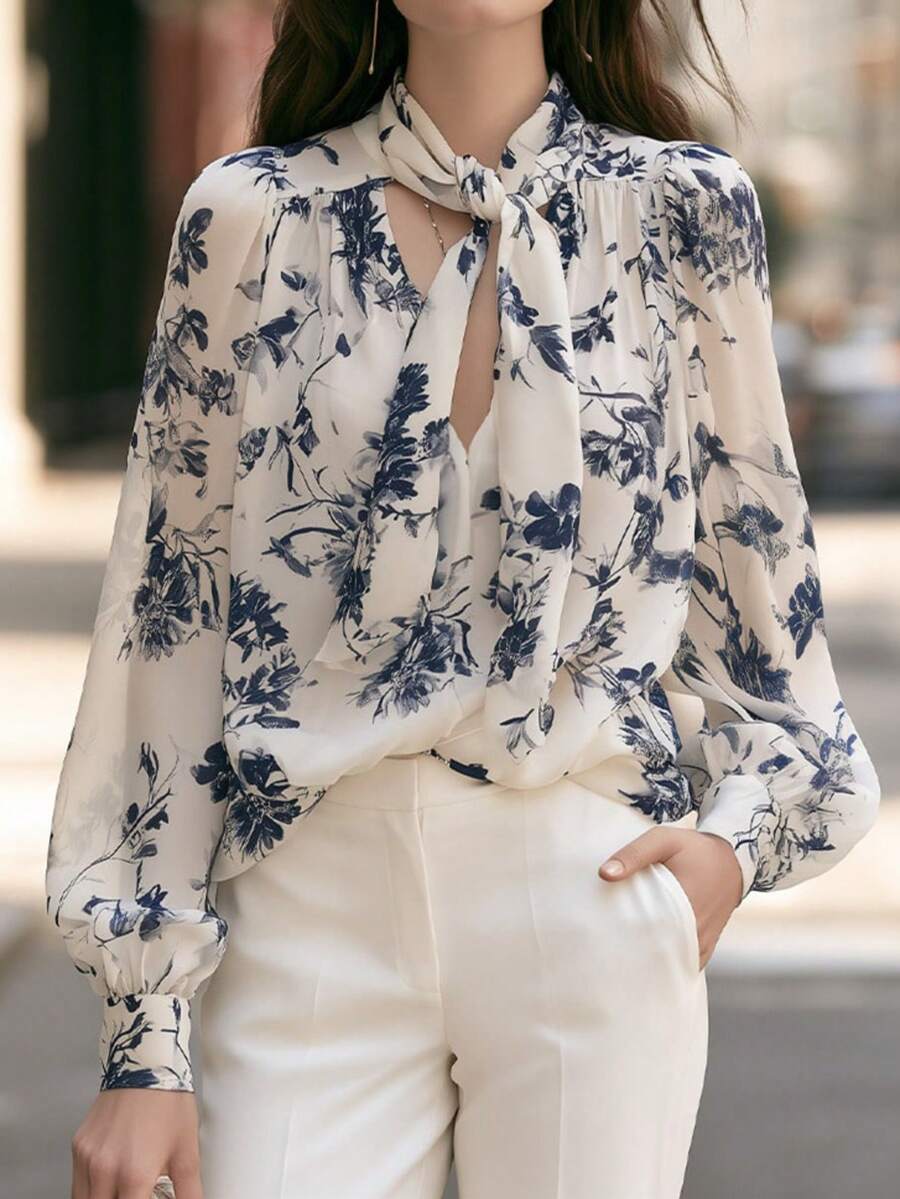 Women's Elegant Printed Tie Neck Blouse, Spring/Autumn Long Sleeve Lantern Sleeve Woven Top - Apricot - View 1