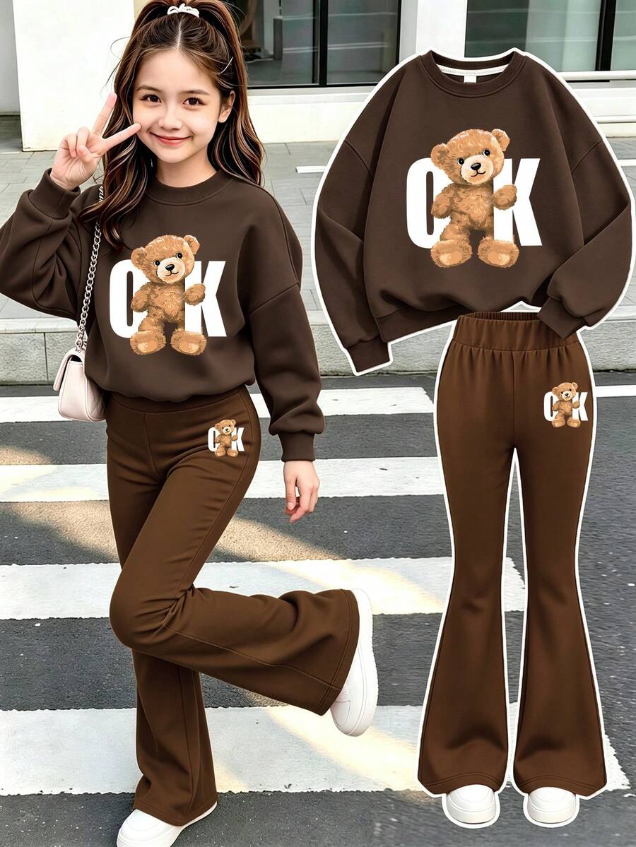 2pcs/Set Girls' Round Neck Sweatshirt & Flared Pants Outfit, Brown Bear Print Round Neck Sweatshirt + Flared Pants Set, Suitable For Autumn/Winter Daily Wear - Multicolor - View 1