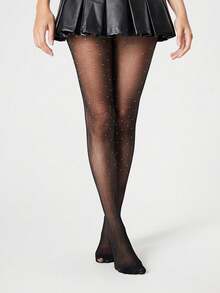 1pc Women's Black Full-Coverage Rhinestone Sheer Tights, High Elasticity, Breathable, Full Leg Scattered Rhinestone Decor, Thin Shiny Glamorous Party Style, Suitable For Dates, Banquets, Studio Photoshoots, Cocktail Parties, Spring, Summer, Autumn - Multicolor - View 3