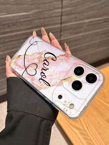 Light Pink Glitter Matte White Glossy Flower & Small Butterfly Black Border Customized Personalized Cursive Name Phone Case, Unique Pink Handwritten Soft Fairy Aesthetic Shockproof Protective Shell, Suitable For All Phone Models - Clear - View 3