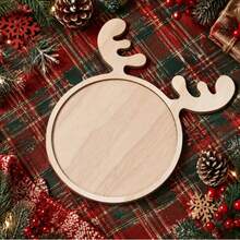 1 pieza Bandeja de madera con diseño de cuernos de reno navideño, decoración de Feliz Navidad, decoración de Año Nuevo, decoración navideña, decoración de mesa de cocina para vacaciones, bandeja de decoración navideña (sin contacto con alimentos) - Ver 1