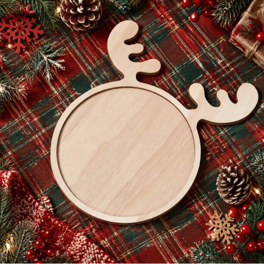 1 pieza Bandeja de madera con diseño de cuernos de reno navideño, decoración de Feliz Navidad, decoración de Año Nuevo, decoración navideña, decoración de mesa de cocina para vacaciones, bandeja de decoración navideña (sin contacto con alimentos) - Ver 1