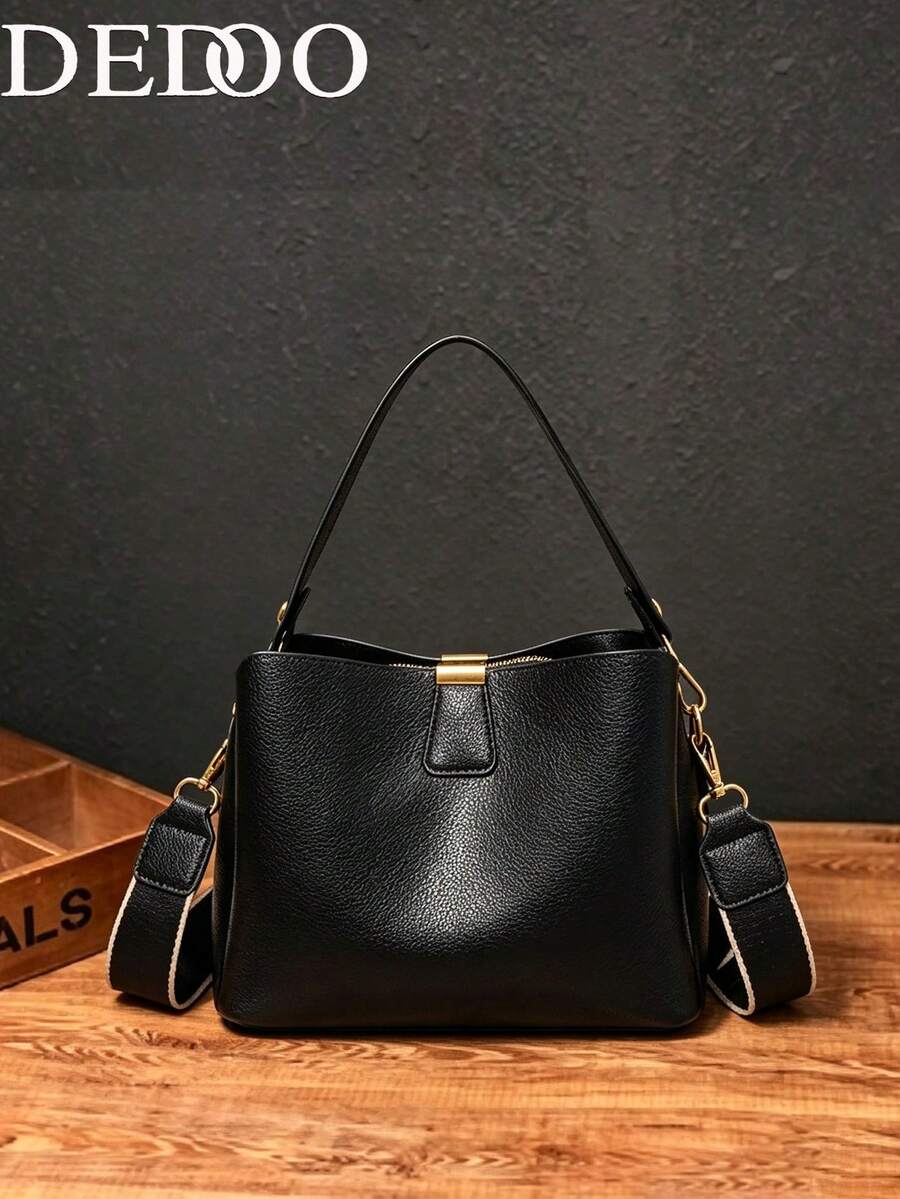 Dedoo Double Shoulder Strap Bucket Crossbody Bag, Metal Hardware Decor, Adjustable Wide Strap, Large Capacity Women's Daily Commute Crossbody Bag