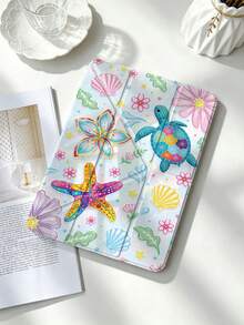 1pc Colorful Turtle Starfish Shell Flower Acrylic Y-Fold Protective Case, Magnetic Closure With Pen Slot, Auto Sleep/Wake Support, Compatible With IPad 5/6/7/8/Air 3/4/5/6/7/8/Pro 11/10th/11th/Mini 6/7 Shockproof Tablet Shell - Multicolor - View 3