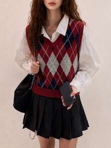 Women's Autumn/Winter Diamond Pattern V-Neck Pullover Sweater Vest - Red - View 3