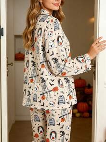 2pcs Women's Casual Long Sleeve Pajama Set, Lapel Long Sleeve Cardigan And Comfortable Pants, Ghost Skeleton Halloween Pattern, Suitable For All Seasons, Halloween Holiday Party Pajama Set - Apricot - View 8