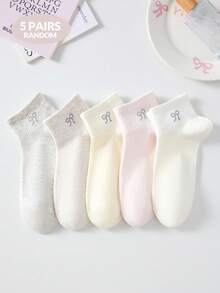 5雙女款可愛甜美透氣蝴蝶結圖案短隱形船襪，短襪與踝襪，白色襪子、粉色襪子，學院風，適合日常休閒穿著，適用春夏秋冬 - 彩色 - 查看 9