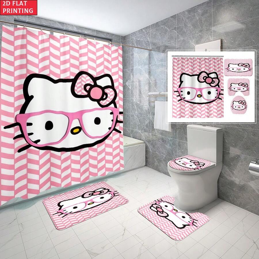 2D Flat Design, Sanrio Hello Kitty Pattern Shower Curtain Set (4 Pieces), Includes 12 Hooks, Anti-Slip Bath Mat, U-Shaped Bath Mat, Toilet Lid Cover, Bathroom Set, Bathroom Accessories, Holiday Gift, 2D Flat Design - 4-piece Shower Curtain Set - View 1