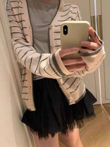 Kardigan Rajut Wanita YCYC Gaya Korea Warna Kontras Motif Garis Kerah V Longgar Slouchy Serbaguna Tipis Lengan Panjang Jaket Sweater Musim Semi dan Gugur - Aprikot - View 5