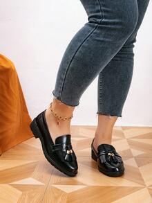 Women's Round Toe Thick Bottom Fringed Chunky Heel Loafers With Wide Width And Flat Sole, For Spring And Autumn Wide Fit - Black - View 2