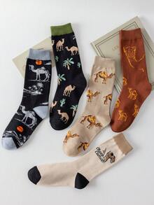 1/5 Pairs Personalized Camel Illustration Mid-Calf Socks, Retro Japanese Street Style Versatile Long Socks, Unisex - Multicolor - View 6