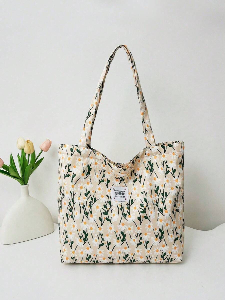 Fresh Colorful Floral Contrast Fabric Label Large Capacity Shoulder Tote Bag