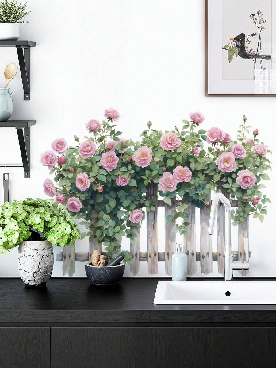 2PCS Fence Rose Flower Bedroom Living Room Entrance Wardrobe Home Decor Wall Sticker Self-Adhesive - one-size - View 1