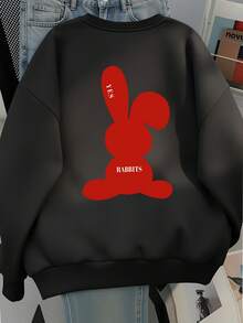 Korean Chic Cute Red Rabbit Print Crew Neck Sweatshirt, Oversized Slimming Long Sleeve Top For Daily Commute, Autumn - Black - View 2
