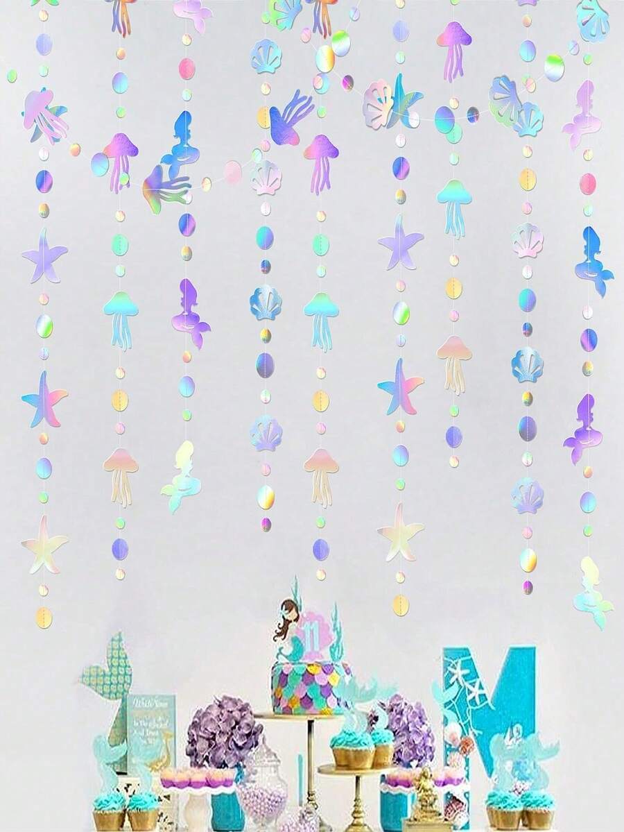 4M Rainbow Theme Birthday Party, Bachelorette Party, And Underwater Theme Party Decorations, Featuring Colorful Mermaid Garland With Jellyfish, Shells, Starfish And Pearls, Suitable For Birthday Party And Home Decor - Other - View 1