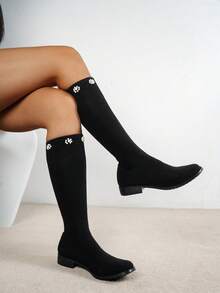 SHIHUA Women's Mid-Calf Elastic Knit Flat Round Toe Slimming Tall Boots With Pearl Decor, Versatile For Skirts, Preppy Style - Black - View 1