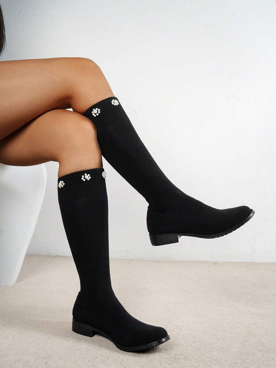 SHIHUA Women's Mid-Calf Elastic Knit Flat Round Toe Slimming Tall Boots With Pearl Decor, Versatile For Skirts, Preppy Style - Black - View 1