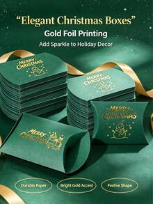 12PCS/Christmas Pillow Gift Boxes, Gold Foil Hot Stamping Xmas Treat Candy Boxes, 4.53*2.76 Inch Green Paper Favor Boxes, 6 Assorted Christmas Patterns For Party Small Gift Cookie Packaging - View 2