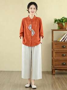 Women's Chinese Style Embroidered Frog Button Jacquard Linen Shirt, Stand Collar Rolled Sleeve 3/4 Sleeve Loose Fit Blouse - Orange - View 6