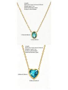 VceTd 1/2PCS Romantic Elegant Blue Glass Inlaid Heart/Oval Pendant Design Stainless Steel Women's Necklace Set Suitable For Daily Wear, Party Or Gift - Yellow Gold - View 7