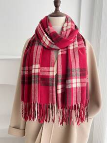1pc Plaid Casual Polyester Scarf For Autumn/Winter - 7#Red - View 3
