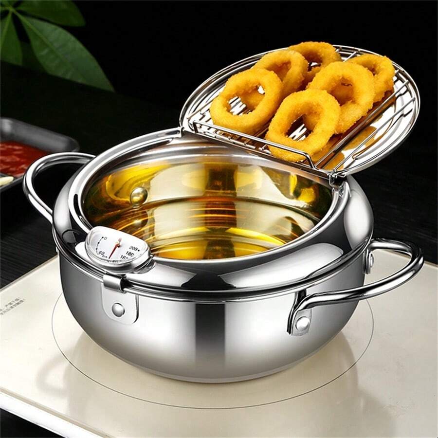 Nồi chiên ngập dầu Tempura dùng cho gia đình, nồi chiên nhỏ bằng thép không gỉ 304, có điều chỉnh nhiệt độ, tiết kiệm dầu, mini dáng cao dùng gas