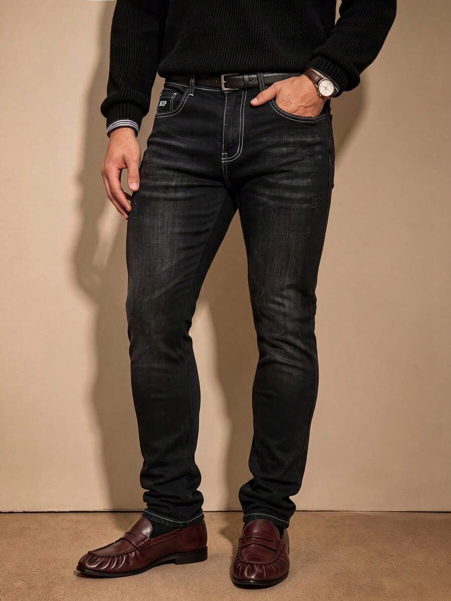 Men Vintage Dark Washed Slim‑Tapered Jeans Contrast Stitching Embroidered Detail Casual Daily Denim Pants - Black - View 1
