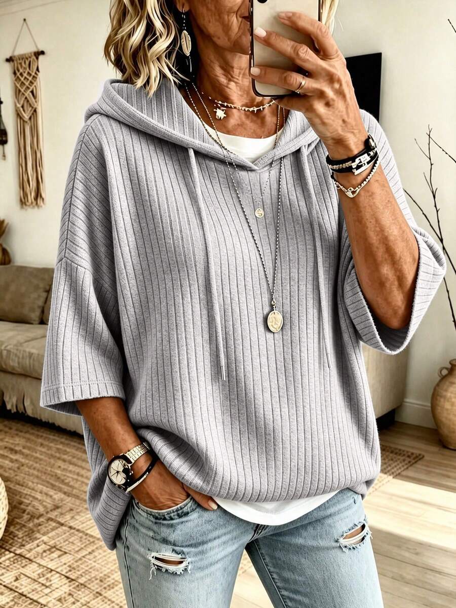Plus Size Women's Ribbed Hooded Sweatshirt, Batwing 3/4 Sleeve, Drawstring Design, Textured Casual Top, Suitable For Autumn And Daily Wear, Comfortable And Warm