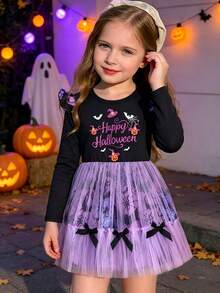 Girls Halloween Dress 4-7 Years Old Long Sleeve Black Top Purple Tulle Tutu Pumpkin Bat Print Young Girl Party Kindergarten Costume - Purple - View 3